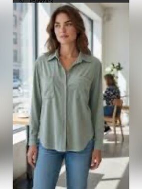 Grace Sage Long-Sleeve button-up shirt dual chest pockets faux-suede size Large